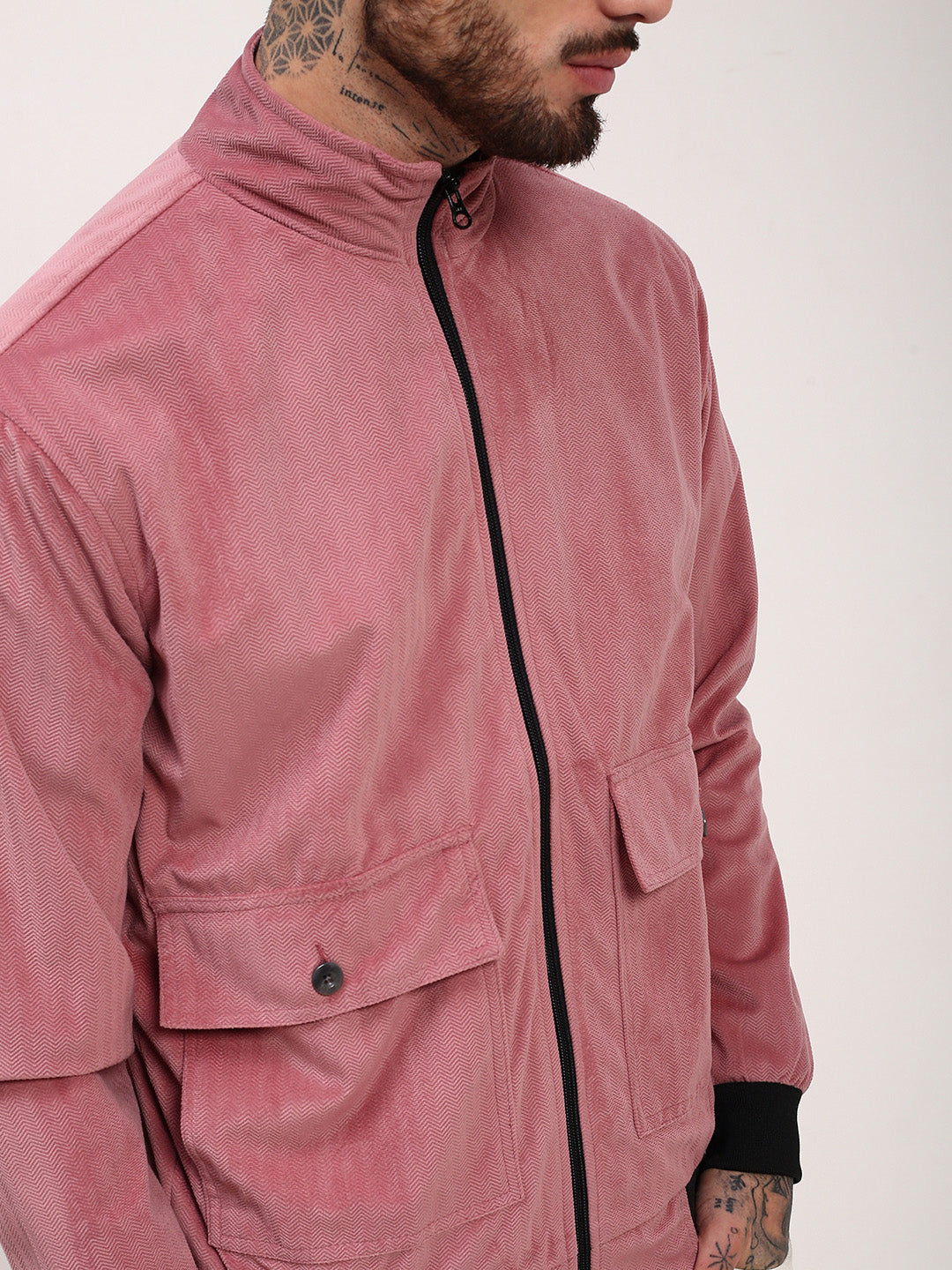 Men Pink Solid Bomber Jacket