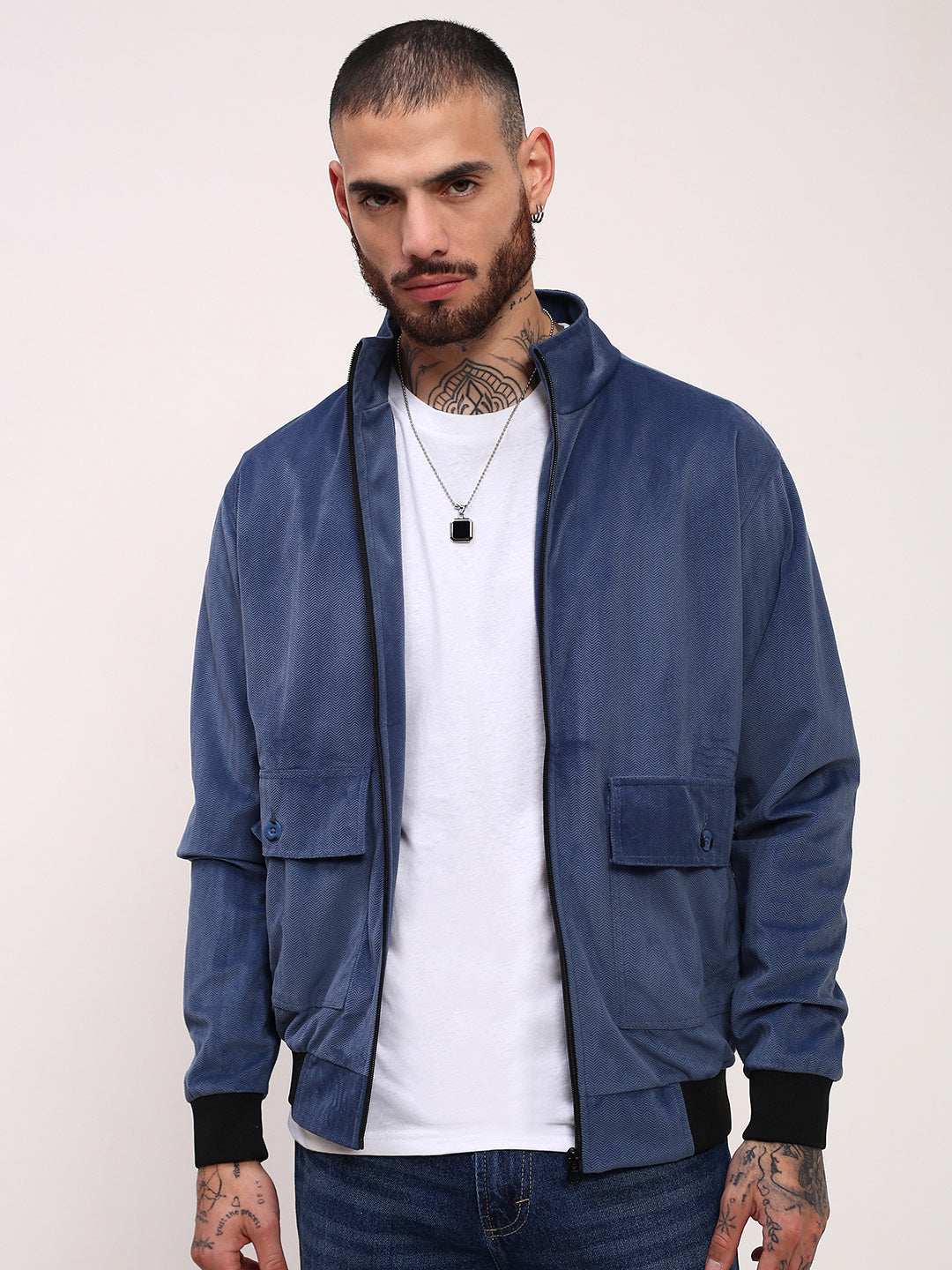 Men Blue Solid Bomber Jacket