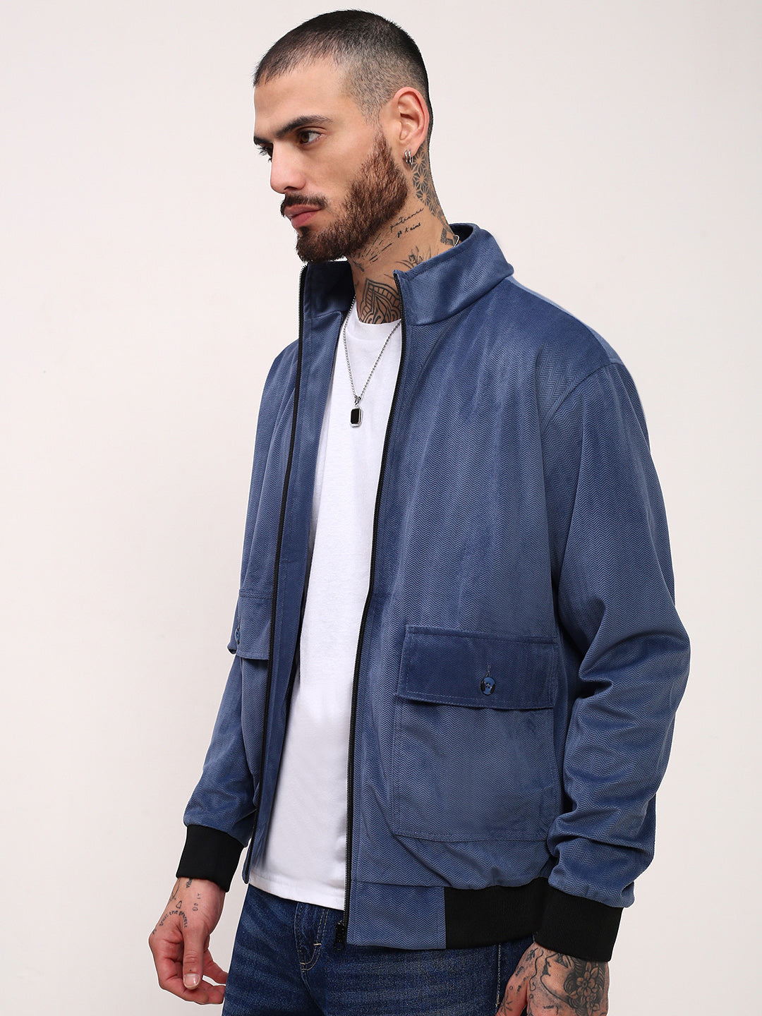 Men Blue Solid Bomber Jacket