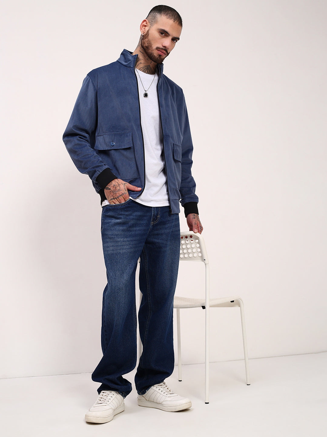 Men Blue Solid Bomber Jacket