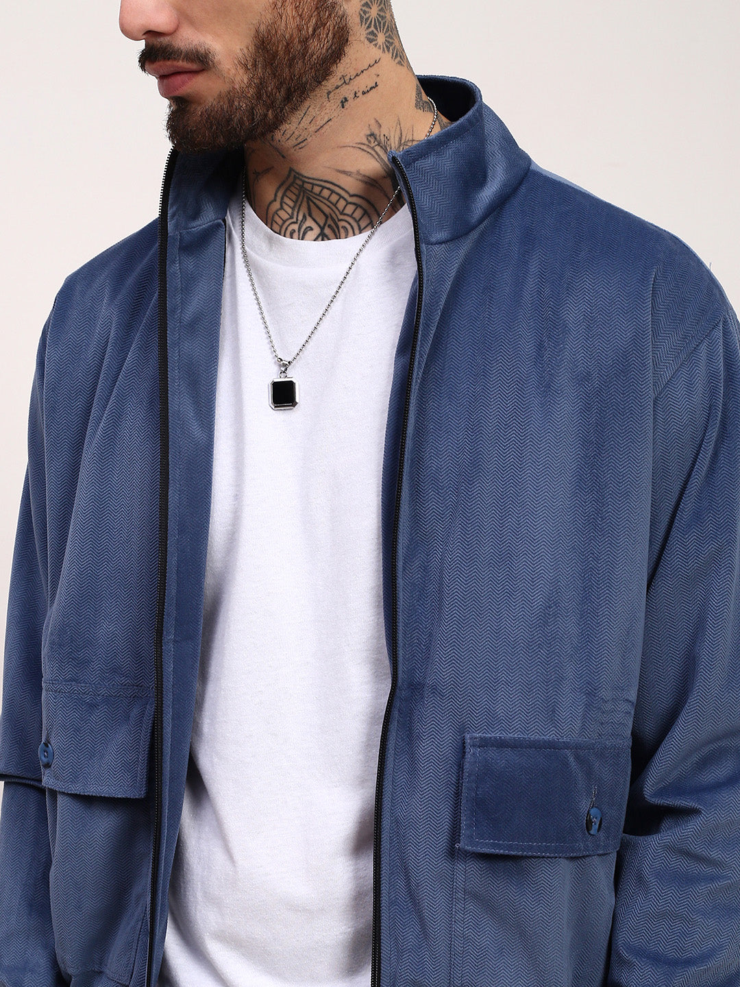 Men Blue Solid Bomber Jacket