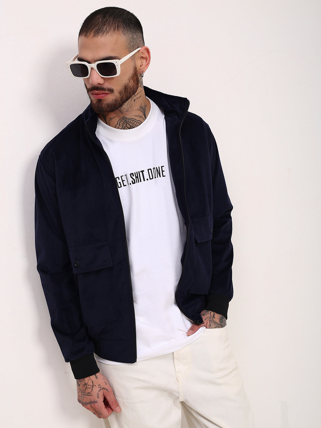 Men Navy Blue Solid Bomber Jacket