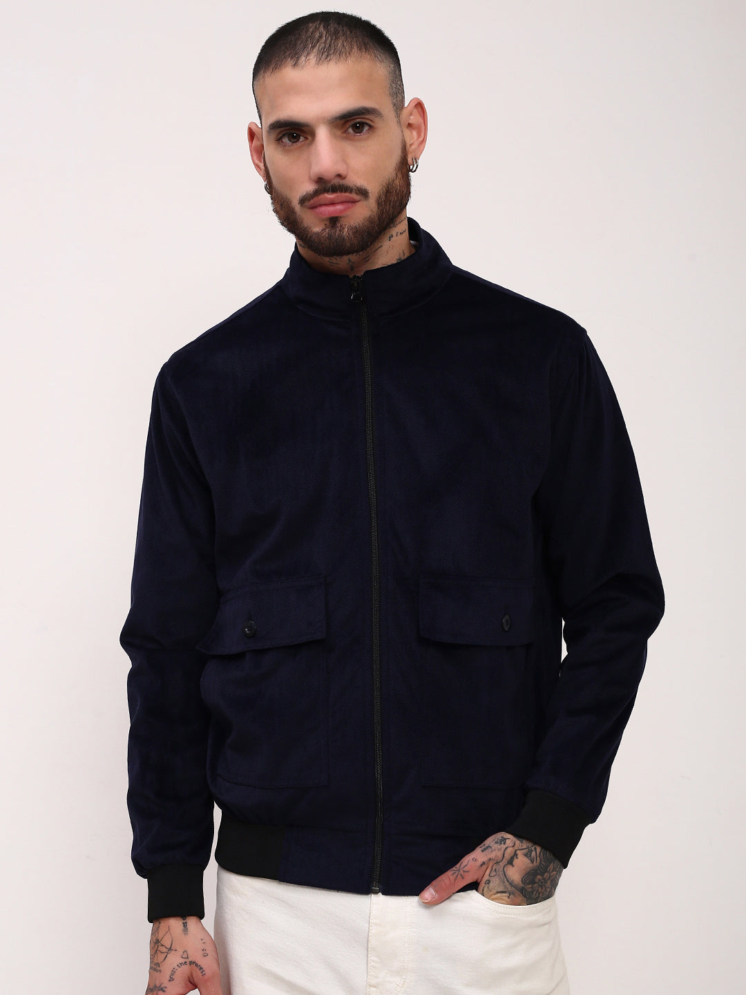 Men Navy Blue Solid Bomber Jacket