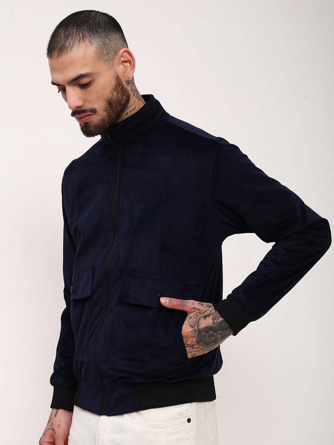 Men Navy Blue Solid Bomber Jacket