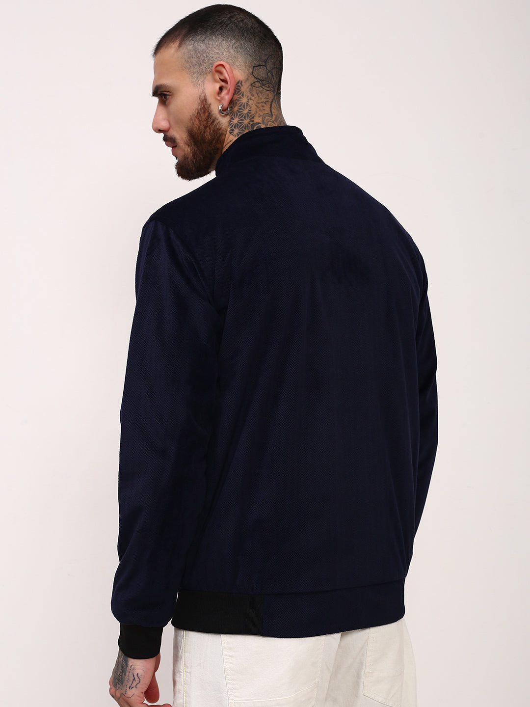 Men Navy Blue Solid Bomber Jacket