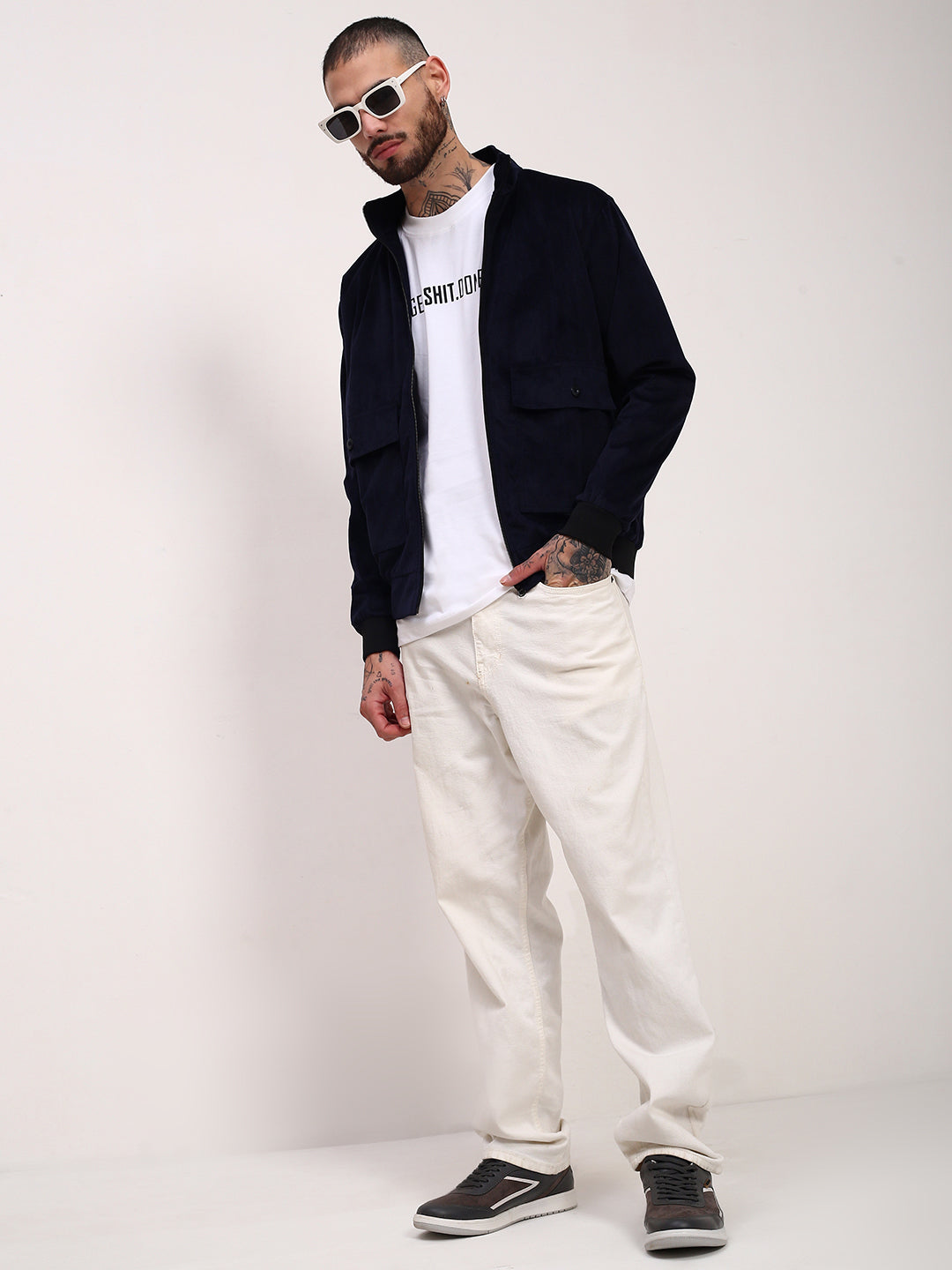 Men Navy Blue Solid Bomber Jacket