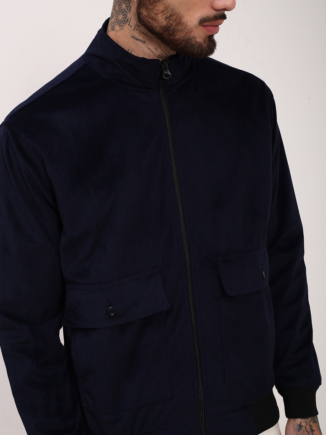 Men Navy Blue Solid Bomber Jacket