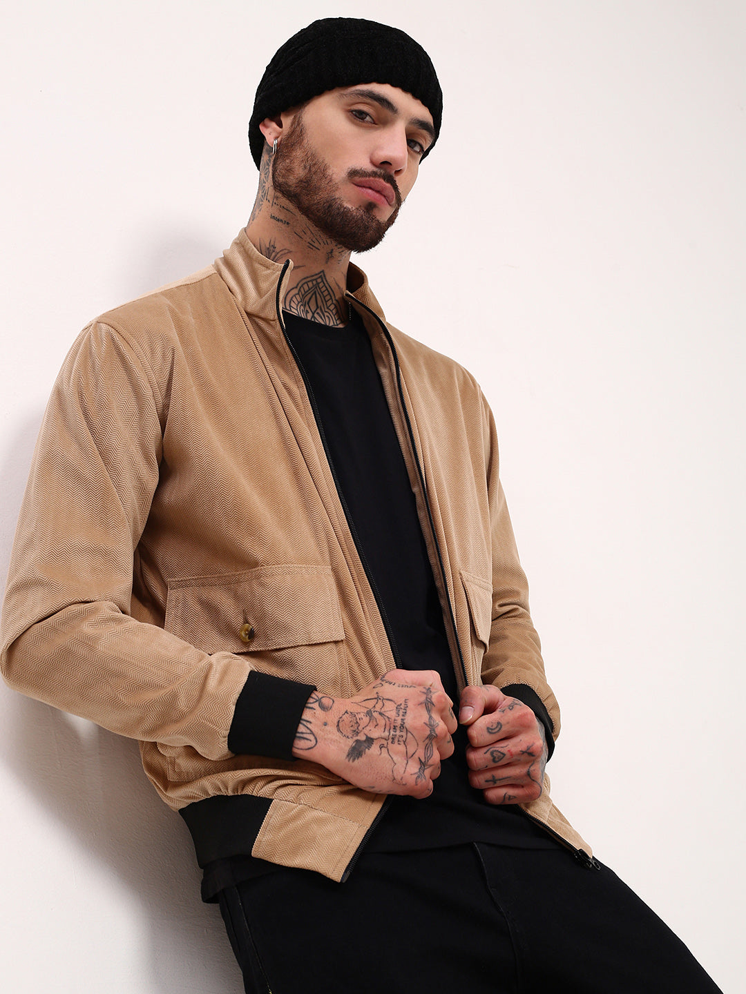 Men Beige Solid Bomber Jacket