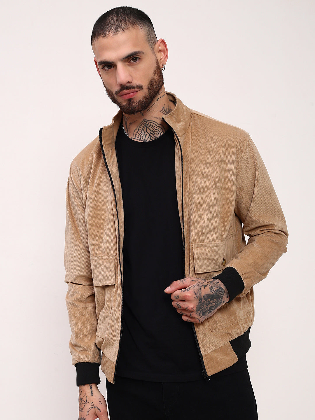 Men Beige Solid Bomber Jacket