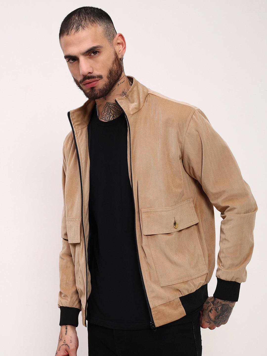 Men Beige Solid Bomber Jacket