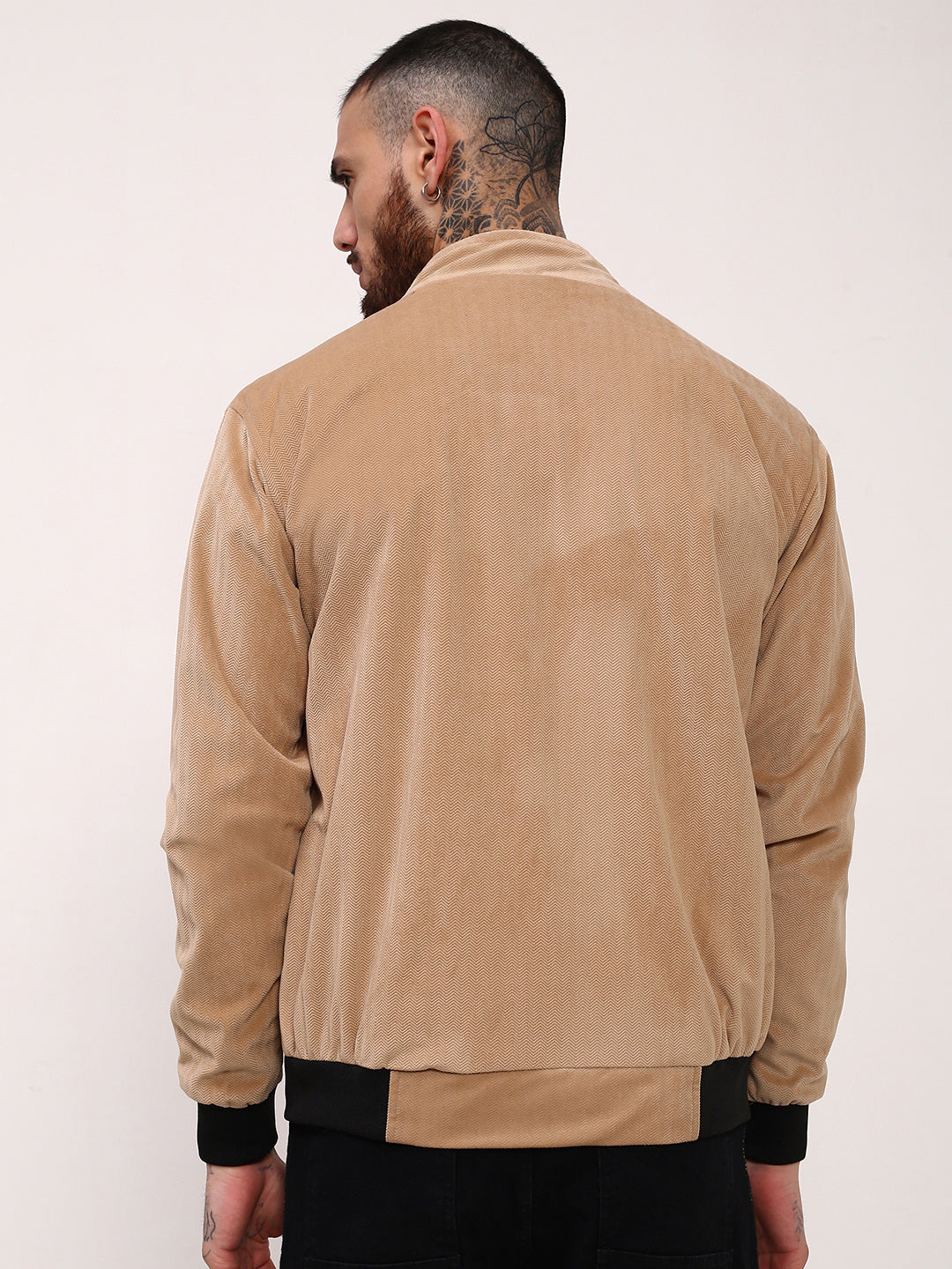 Men Beige Solid Bomber Jacket