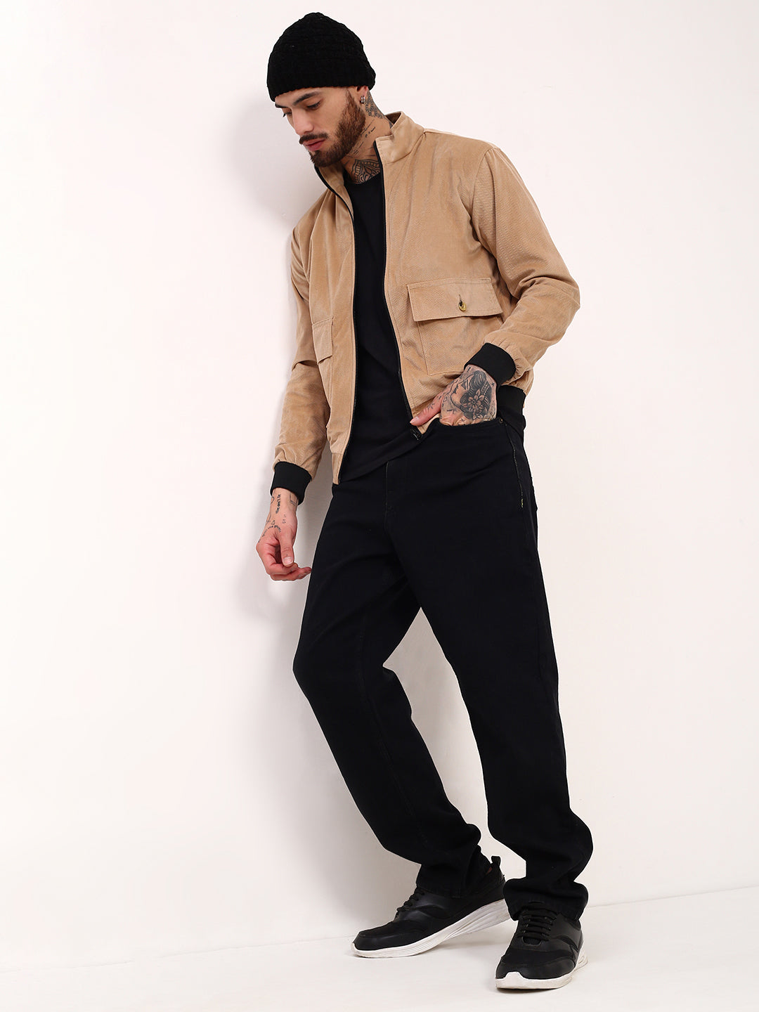 Men Beige Solid Bomber Jacket