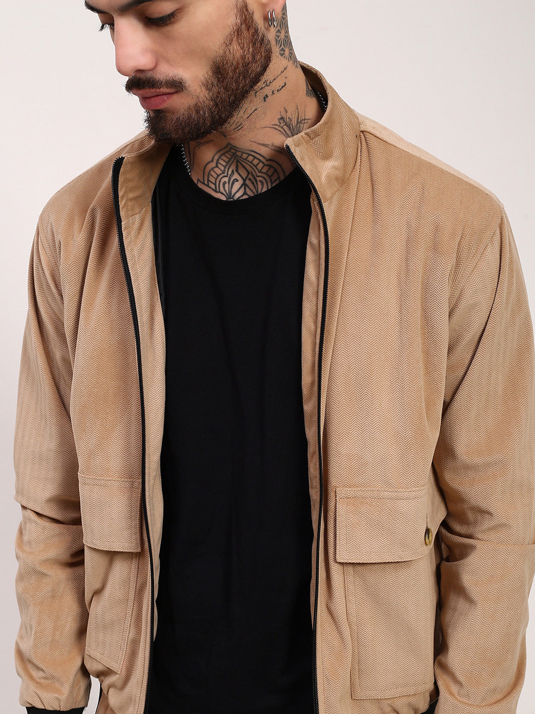 Men Beige Solid Bomber Jacket