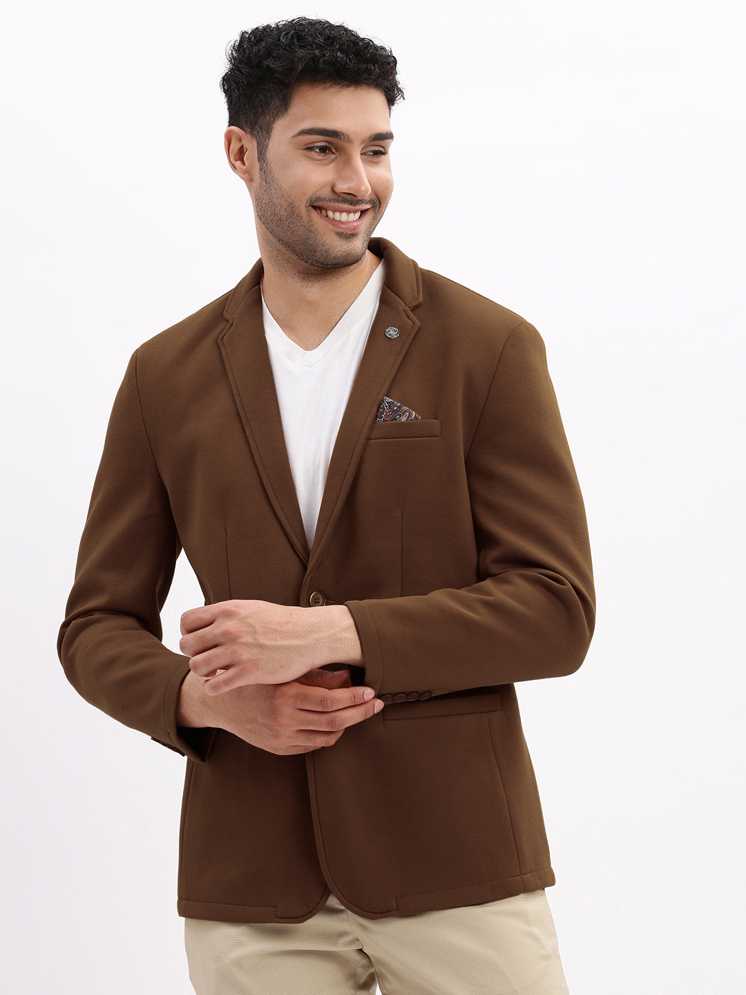 Men's Brown Single-Breasted Slim Fit Blazer with Notch Lapel