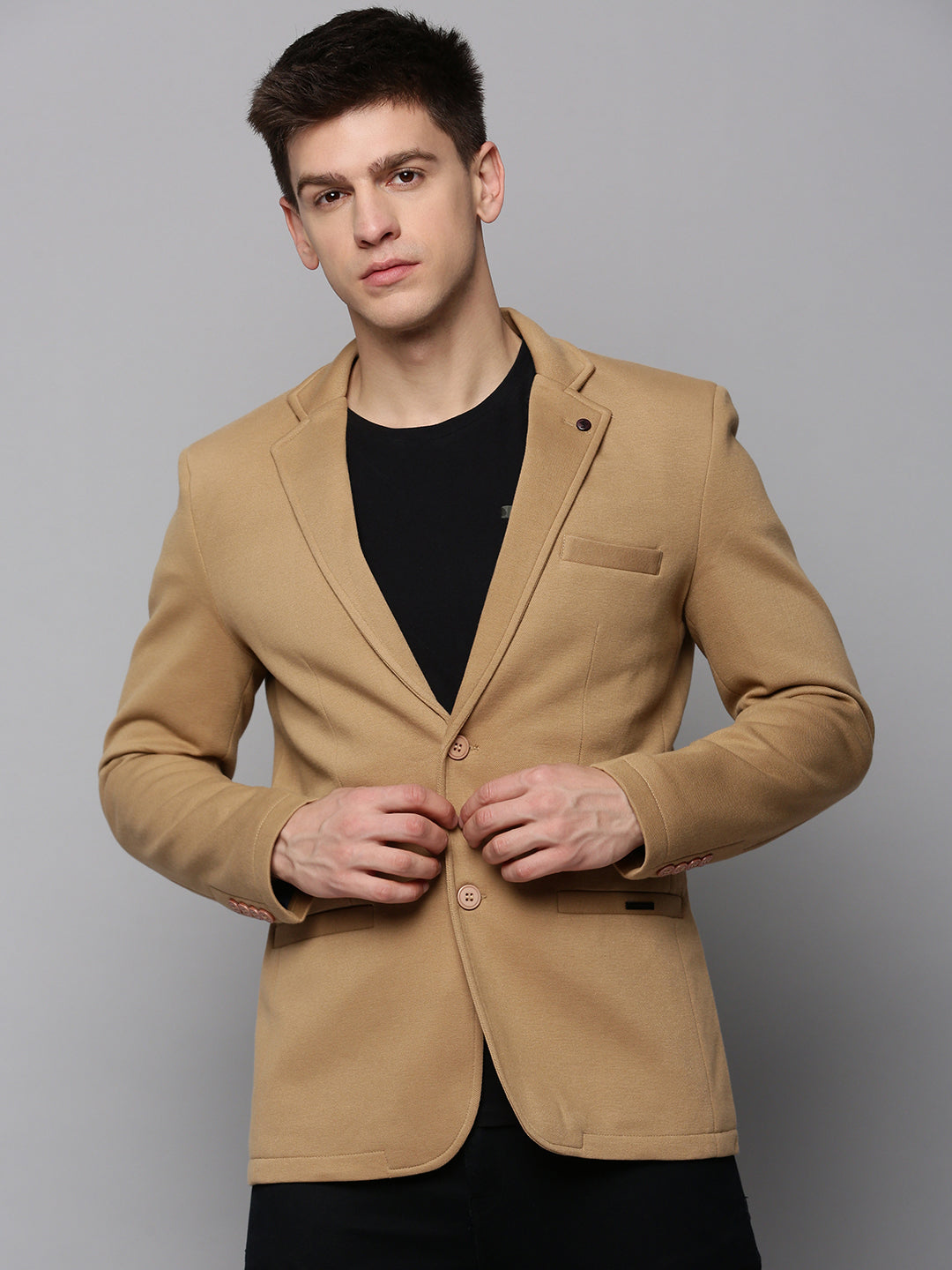 Men Brown Solid Single Breasted Blazer