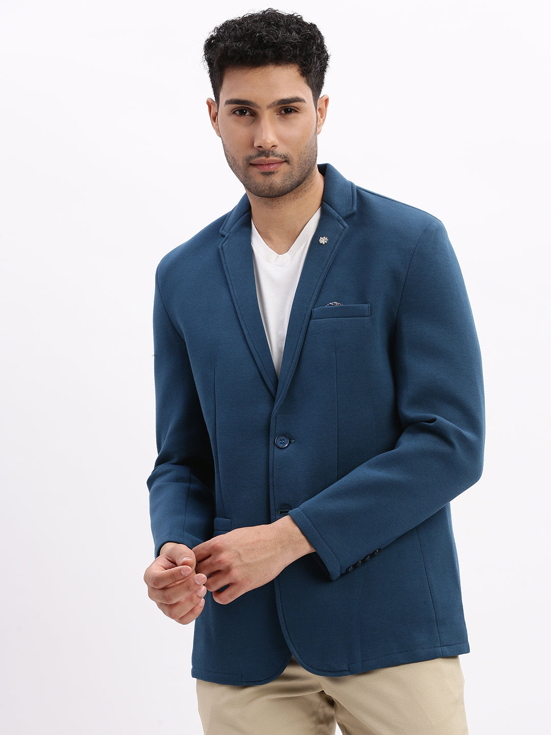 Men Teal Solid Single Breasted Blazer