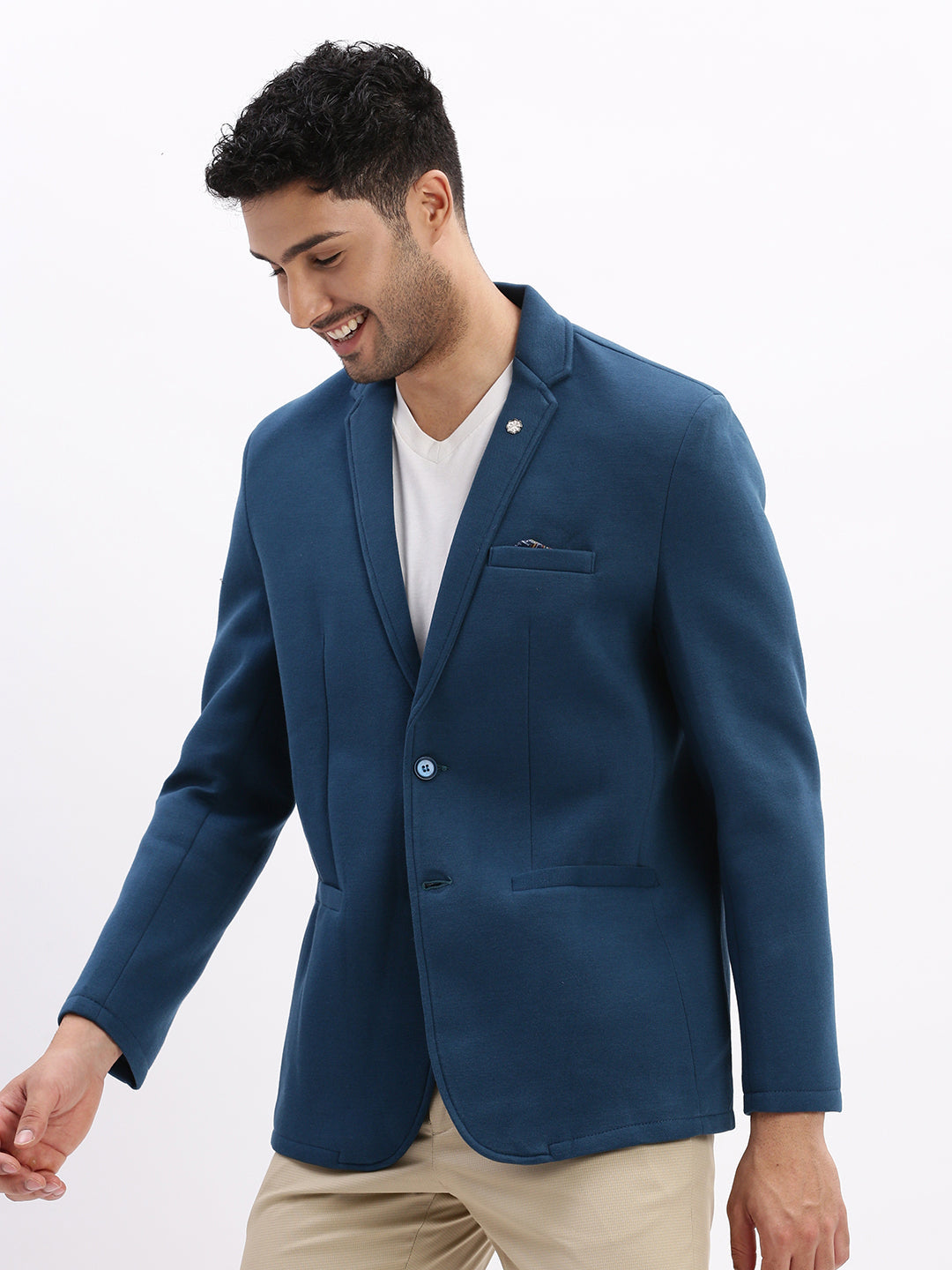 Men Teal Solid Single Breasted Blazer