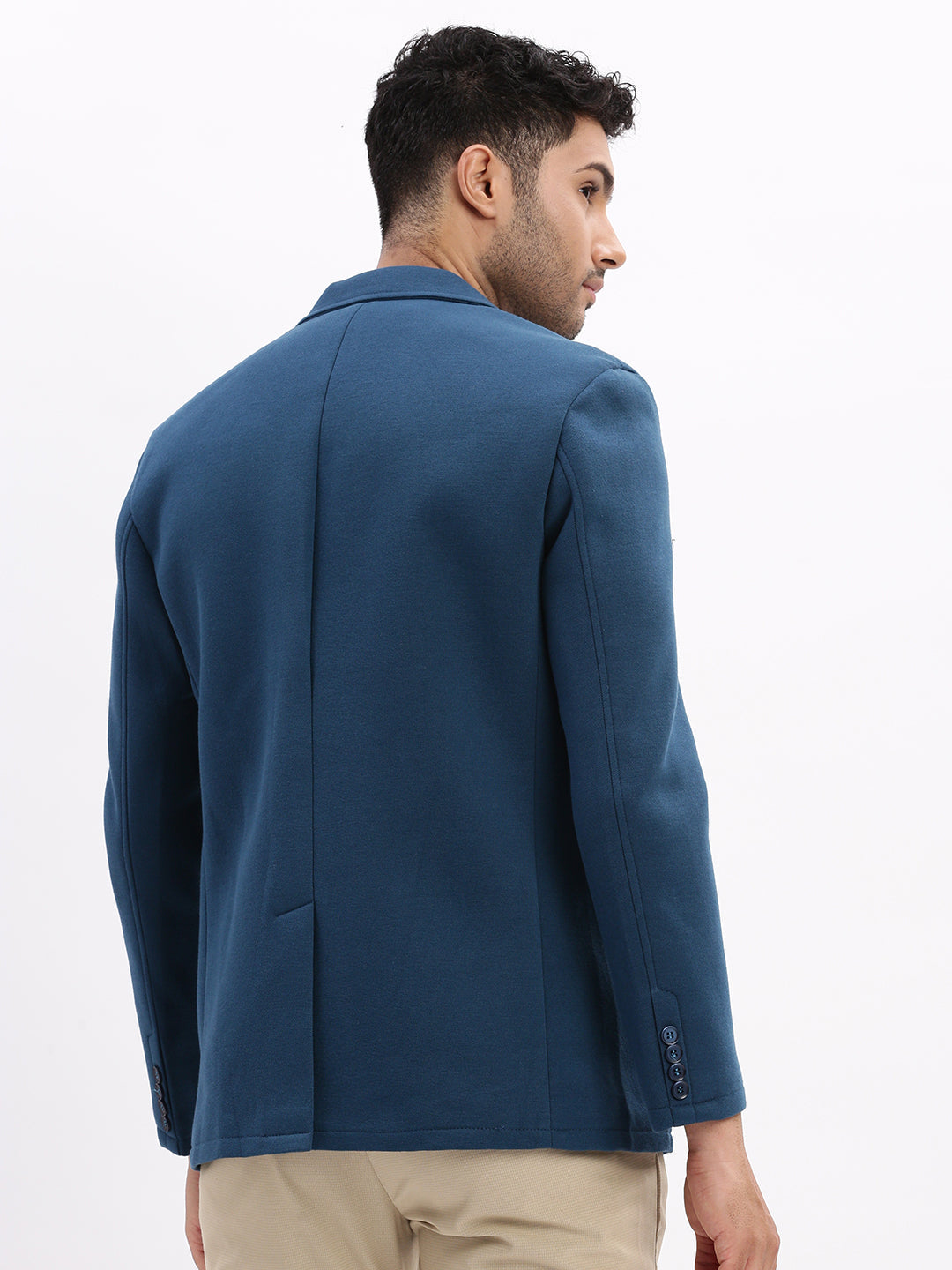 Men Teal Solid Single Breasted Blazer