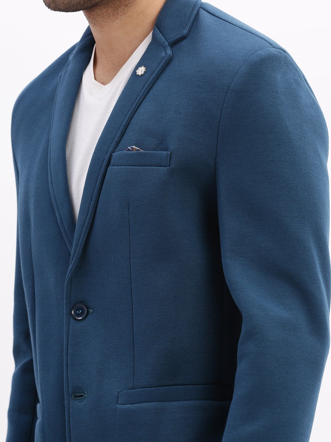 Men Teal Solid Single Breasted Blazer