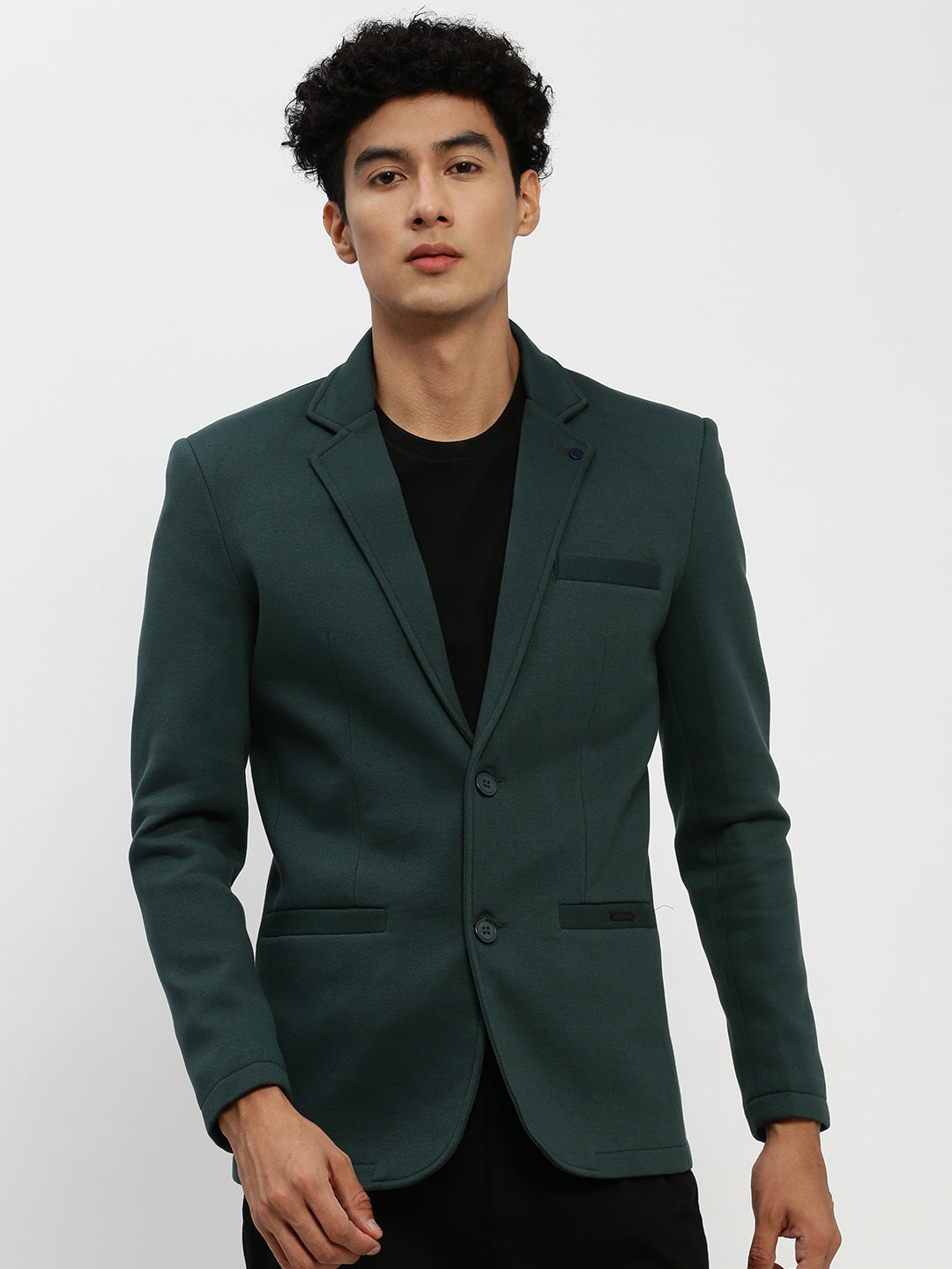 Men Green Solid Single Breasted Blazer