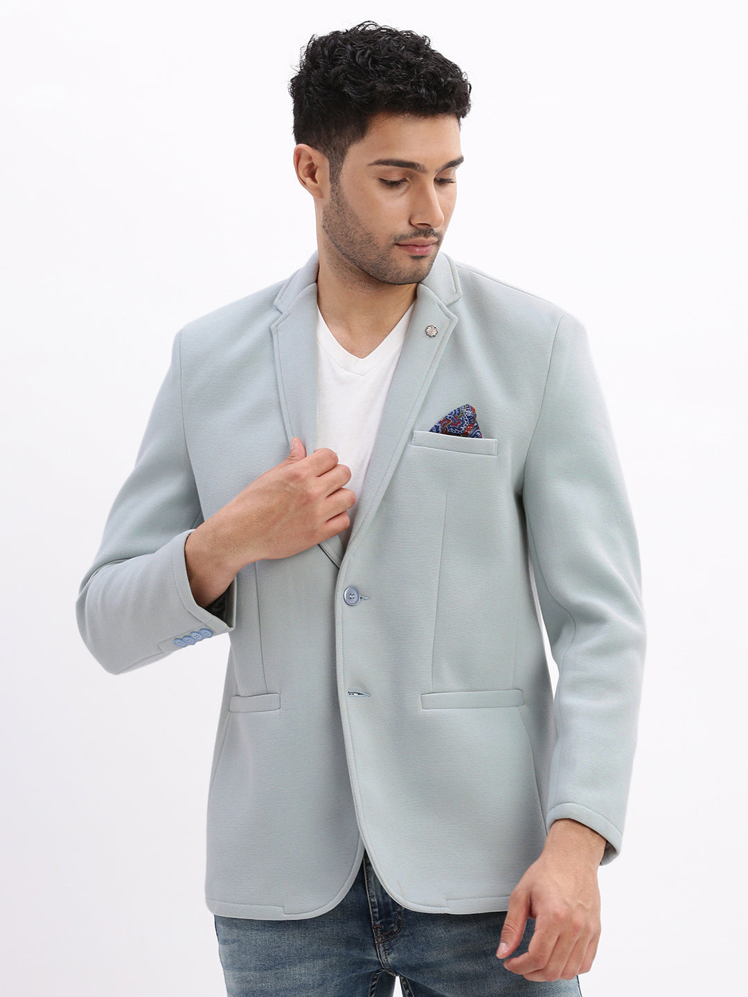 Men's Blue Single-Breasted Slim Fit Blazer with Notched Lapel