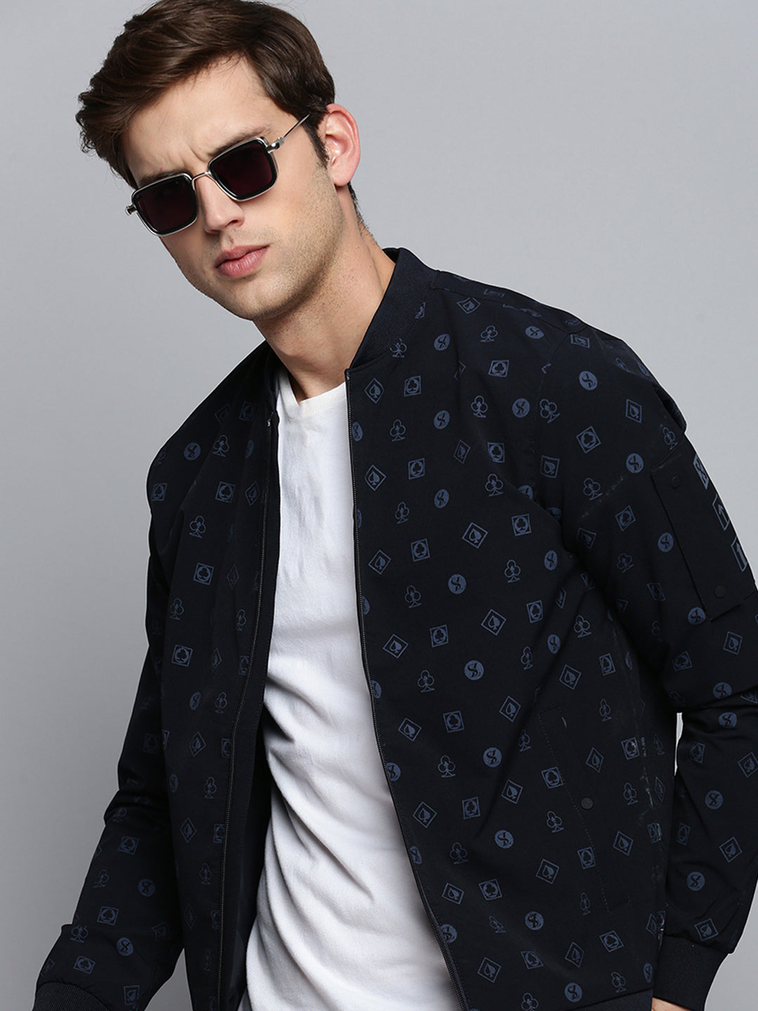 Men's Mandarin Collar Solid Navy Blue Open Front Jacket