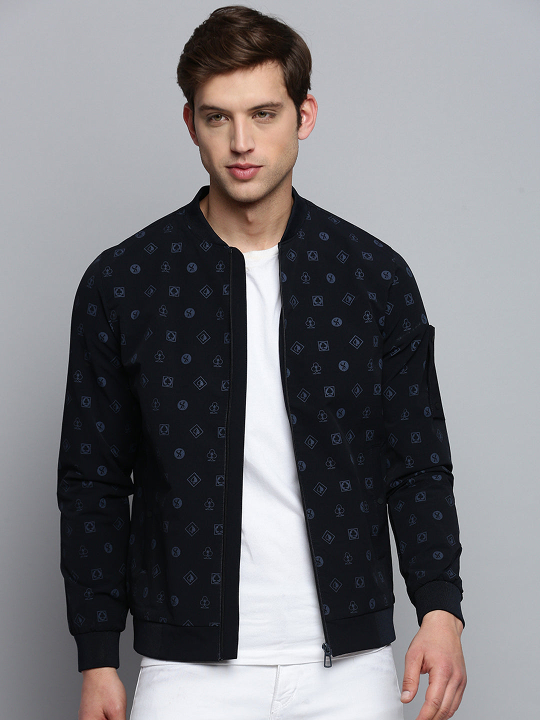 Men's Mandarin Collar Solid Navy Blue Open Front Jacket