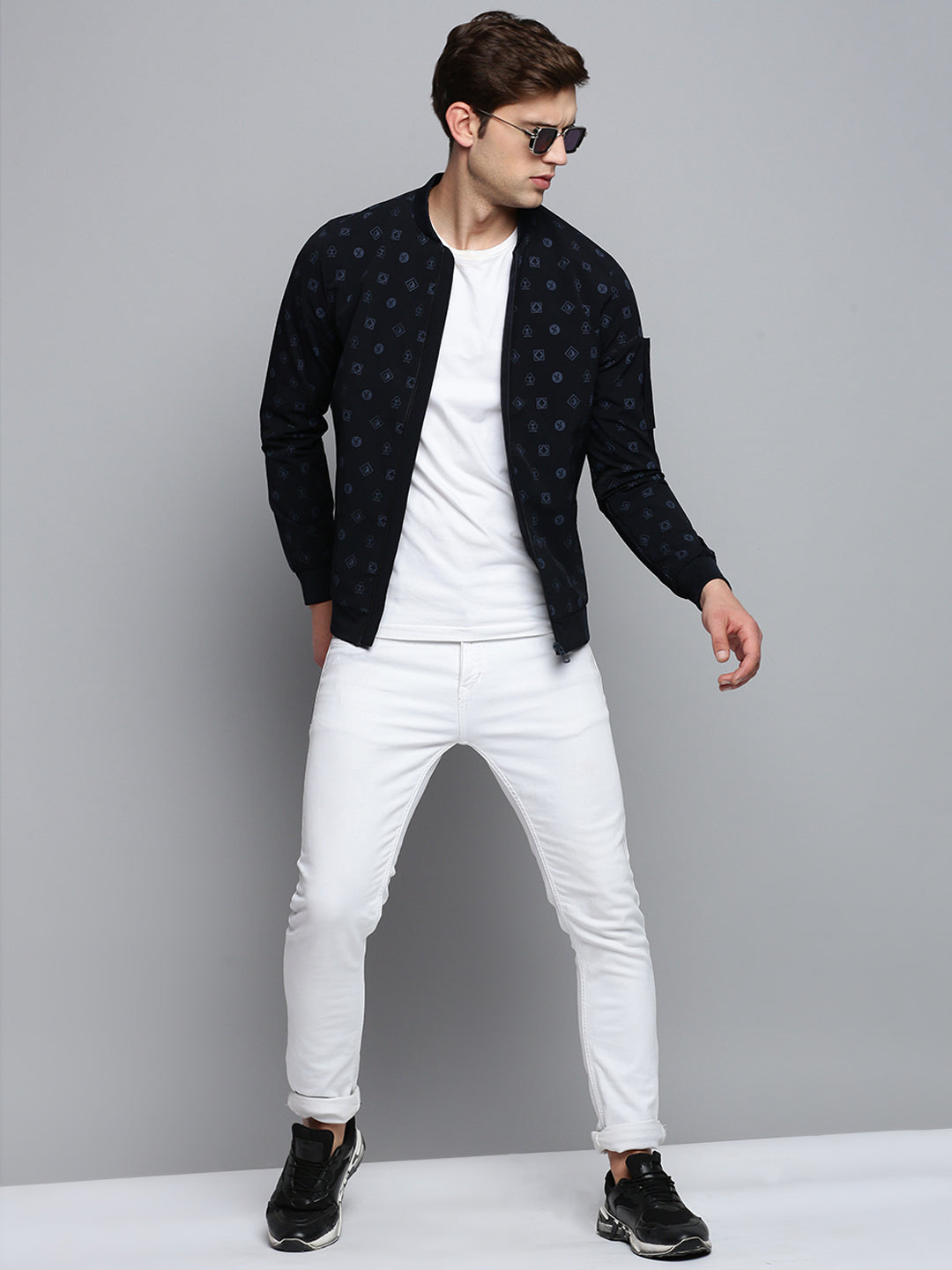 Men's Mandarin Collar Solid Navy Blue Open Front Jacket