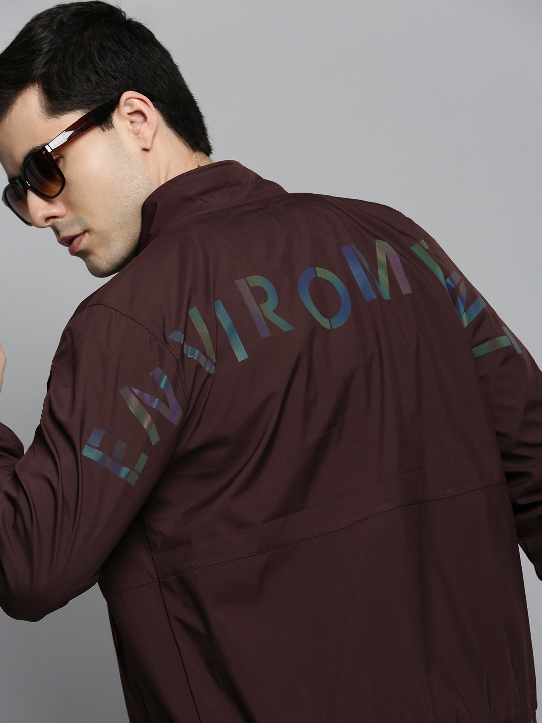 Men's Typography Maroon Mock Collar Zipper Jacket