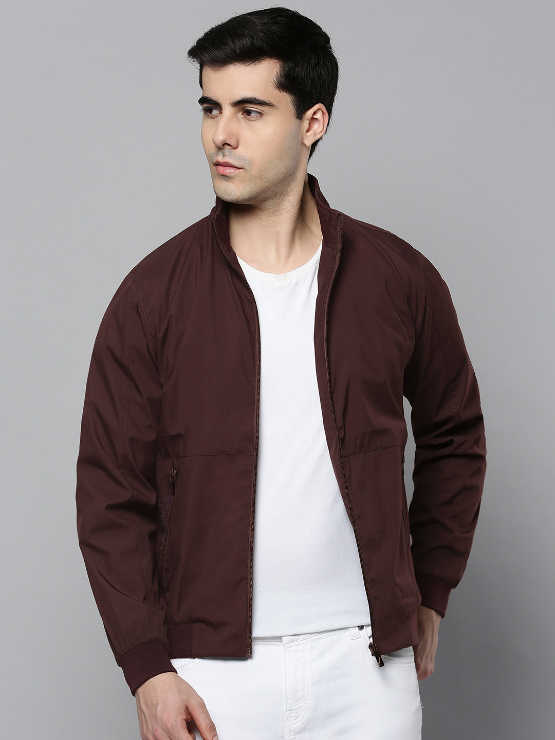 Men's Typography Maroon Mock Collar Zipper Jacket