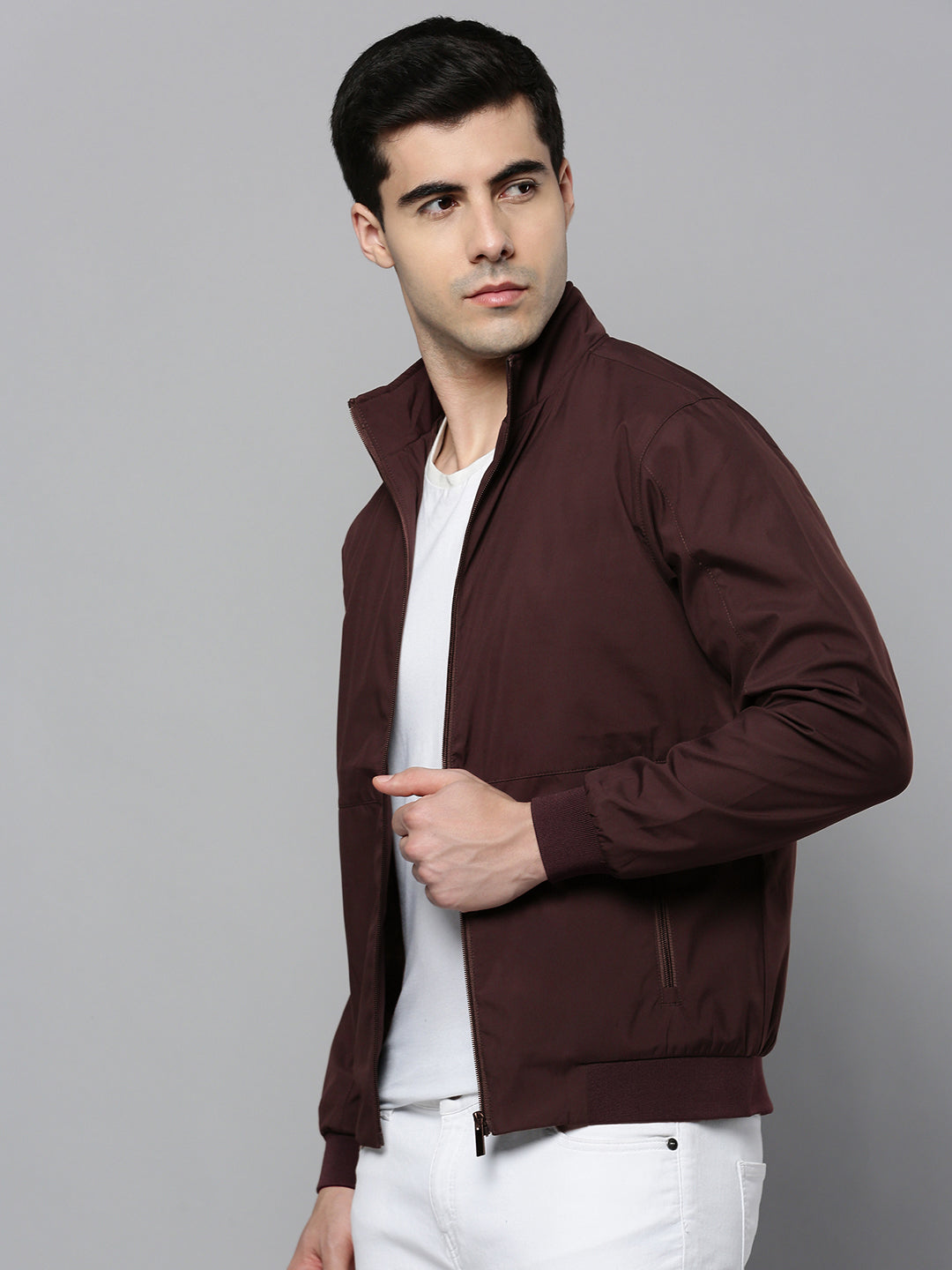 Men's Typography Maroon Mock Collar Zipper Jacket