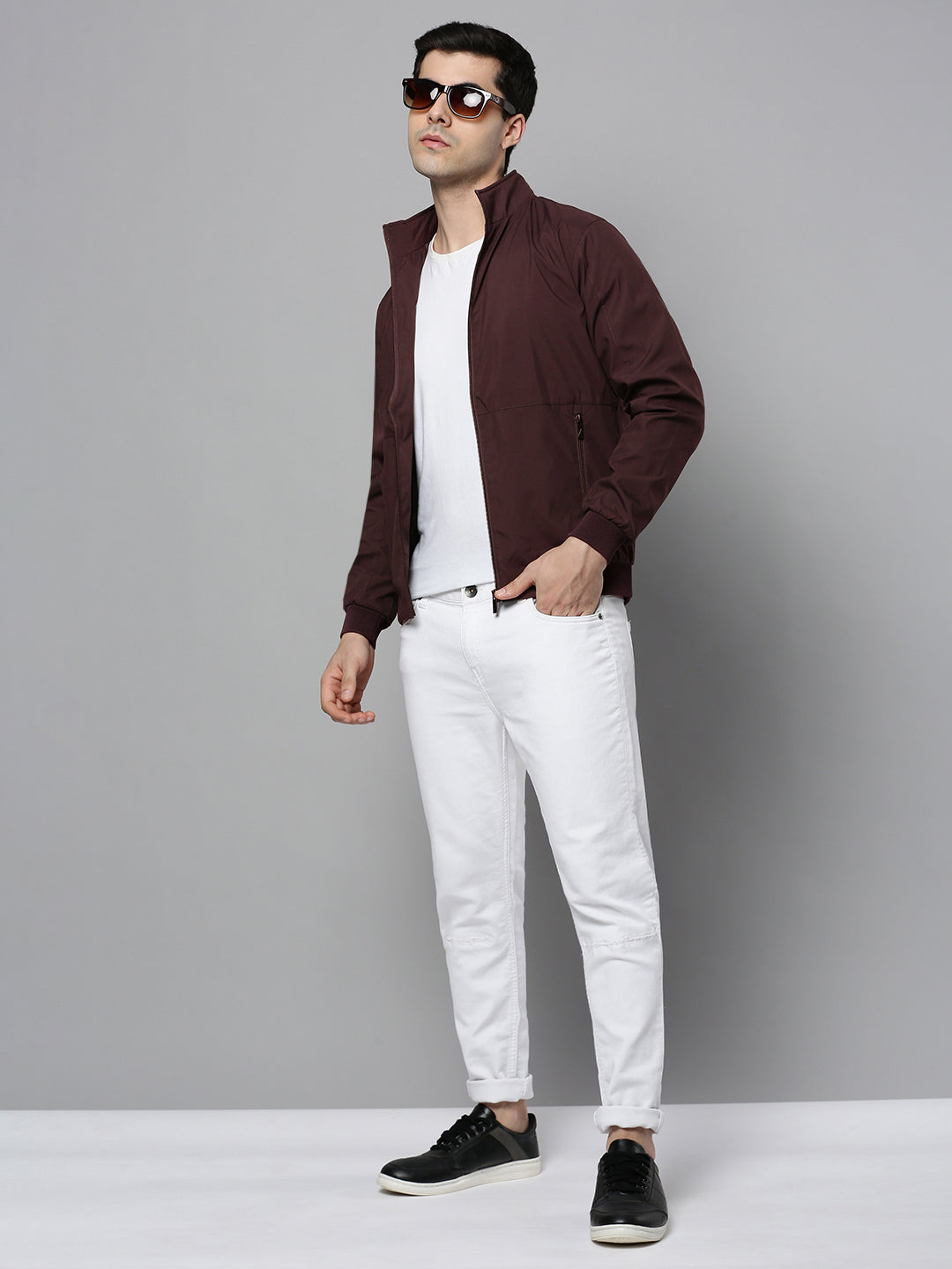 Men's Typography Maroon Mock Collar Zipper Jacket