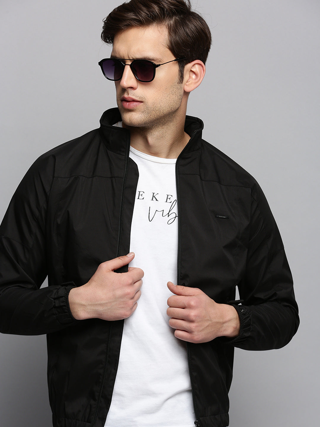 Men Mock Collar Solid Black Open Front Jacket