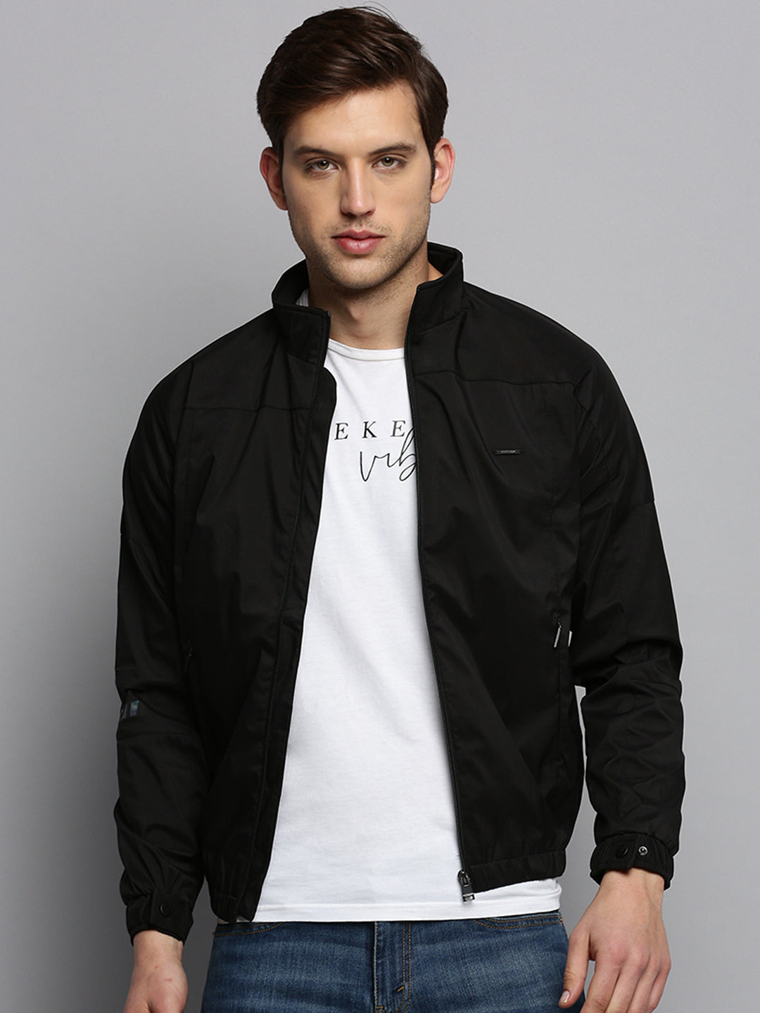 Men Mock Collar Solid Black Open Front Jacket