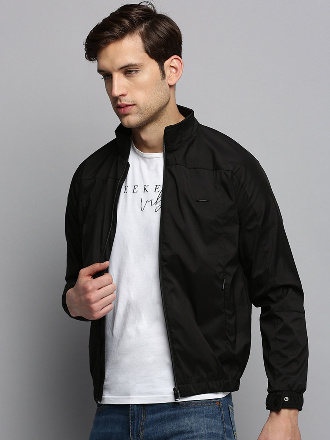 Men Mock Collar Solid Black Open Front Jacket