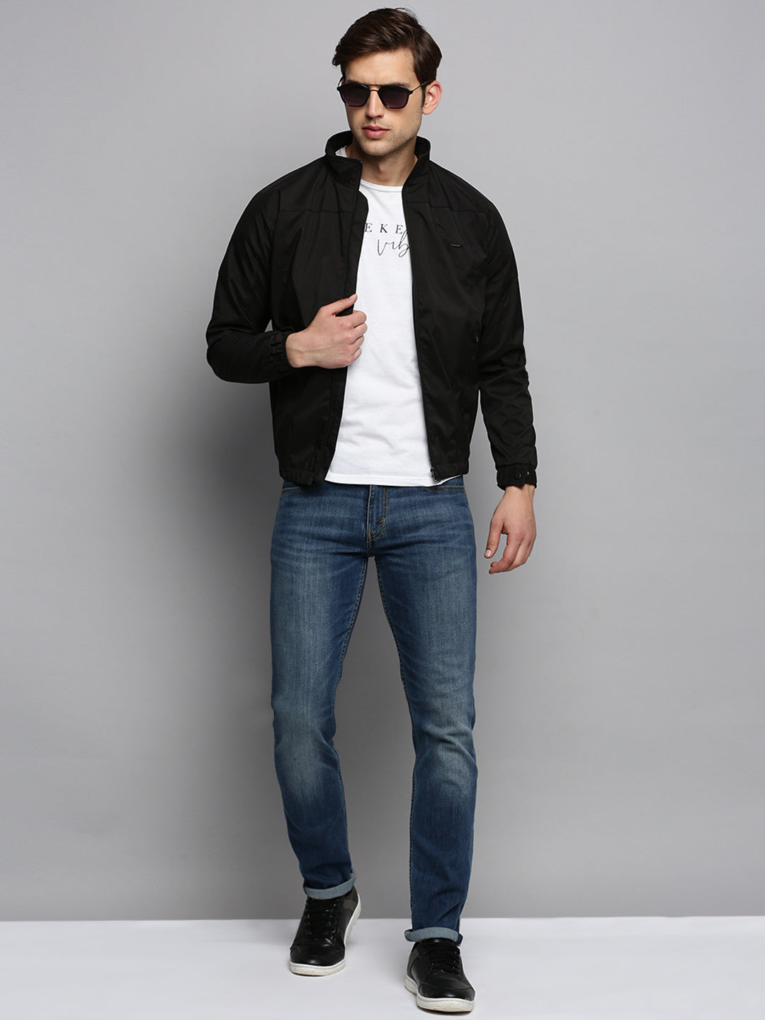 Men Mock Collar Solid Black Open Front Jacket