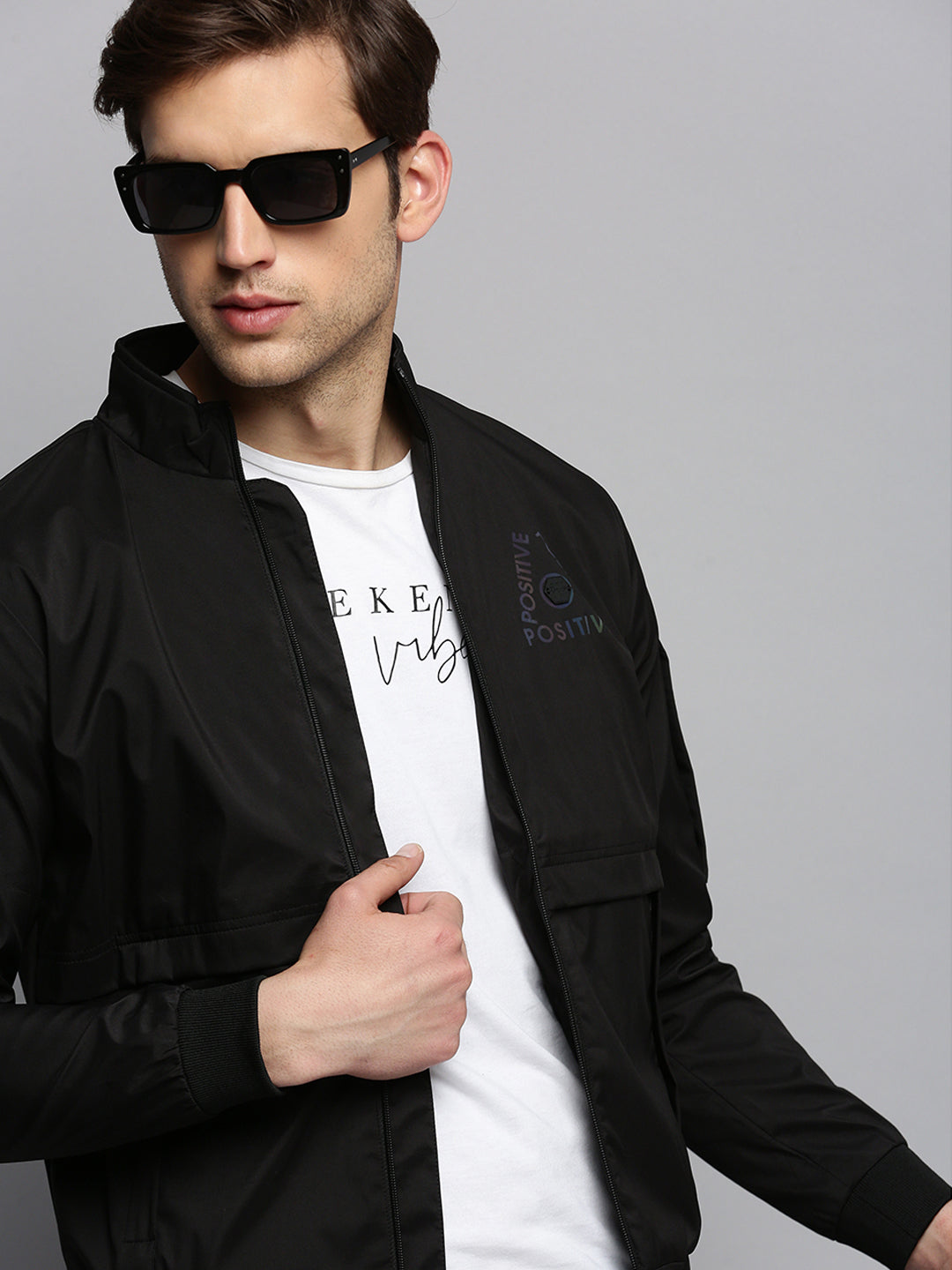 Men Mock Collar Solid Black Open Front Jacket