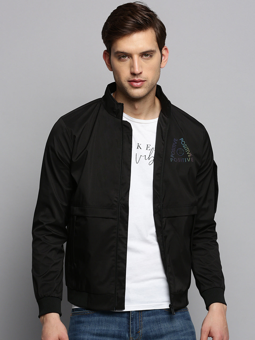 Men Mock Collar Solid Black Open Front Jacket