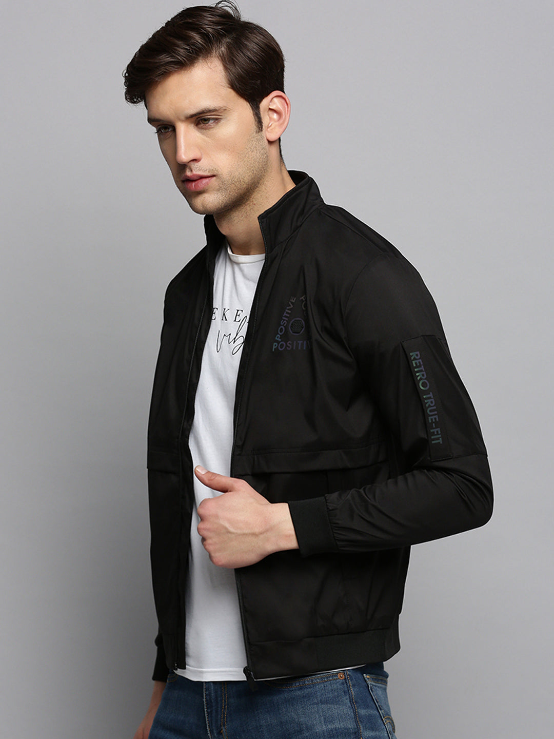 Men Mock Collar Solid Black Open Front Jacket