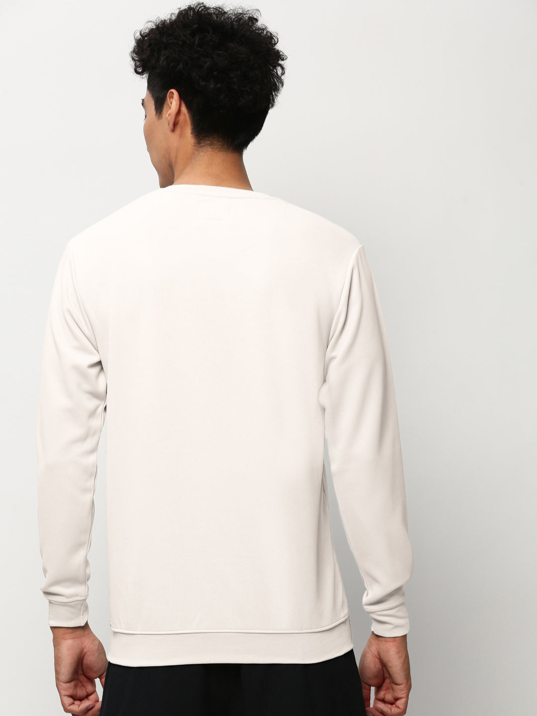 Men's Off White Round Neck Ribbed Slim Fit Sweatshirt
