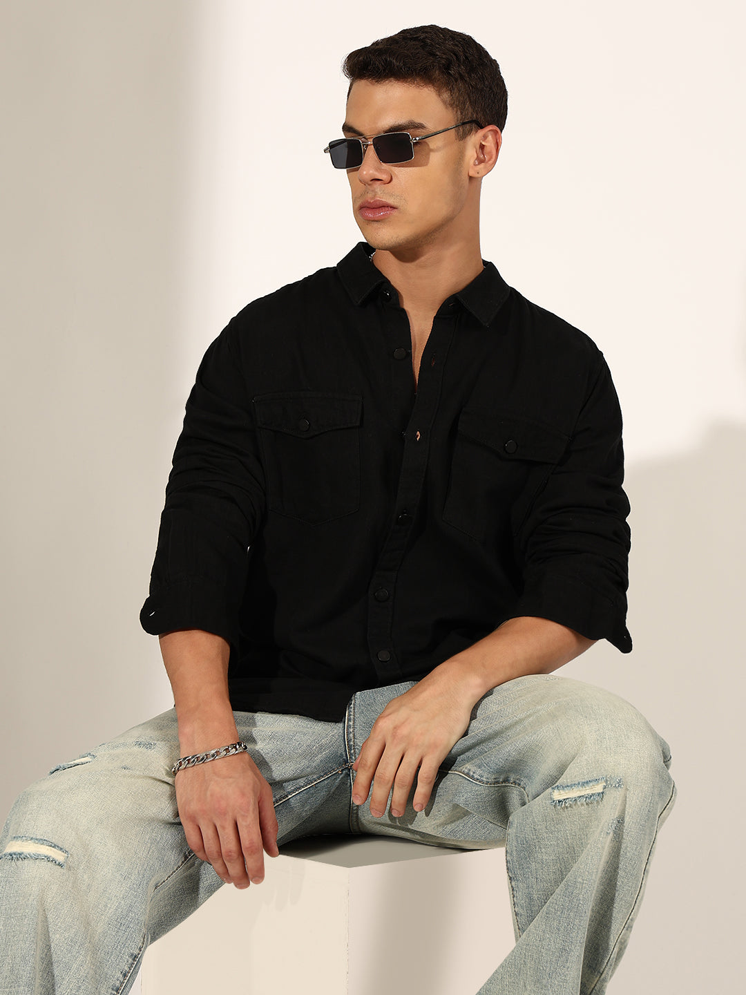 Men's Black Button Down Shirt with Chest Pockets