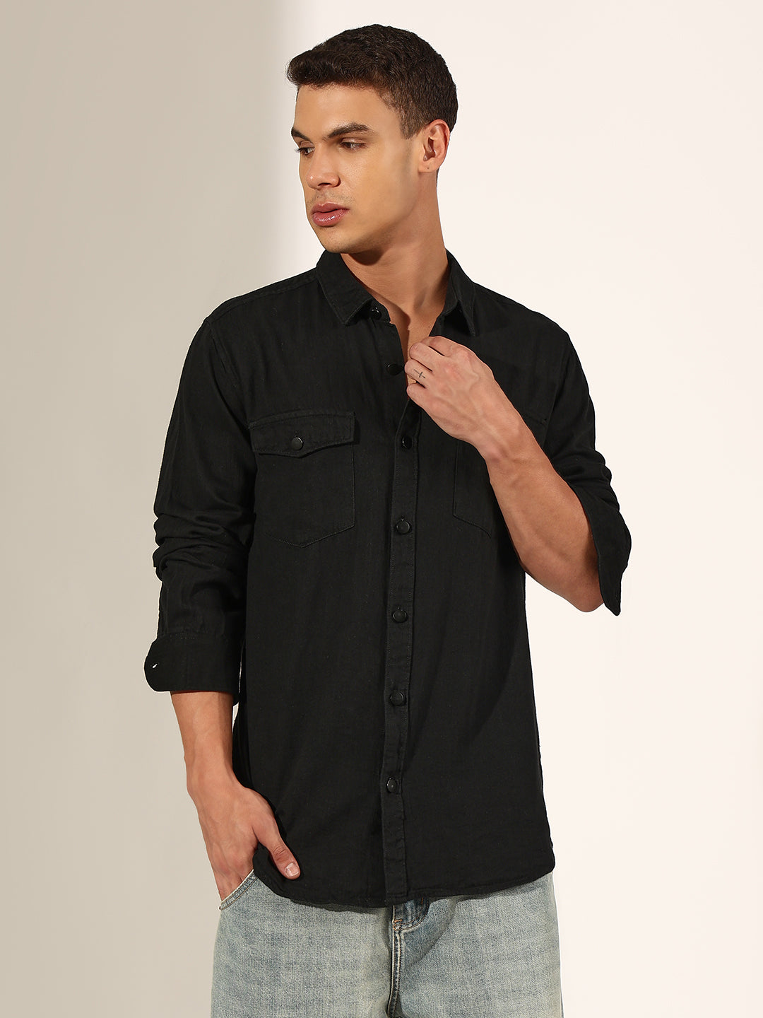 Men's Black Button Down Shirt with Chest Pockets