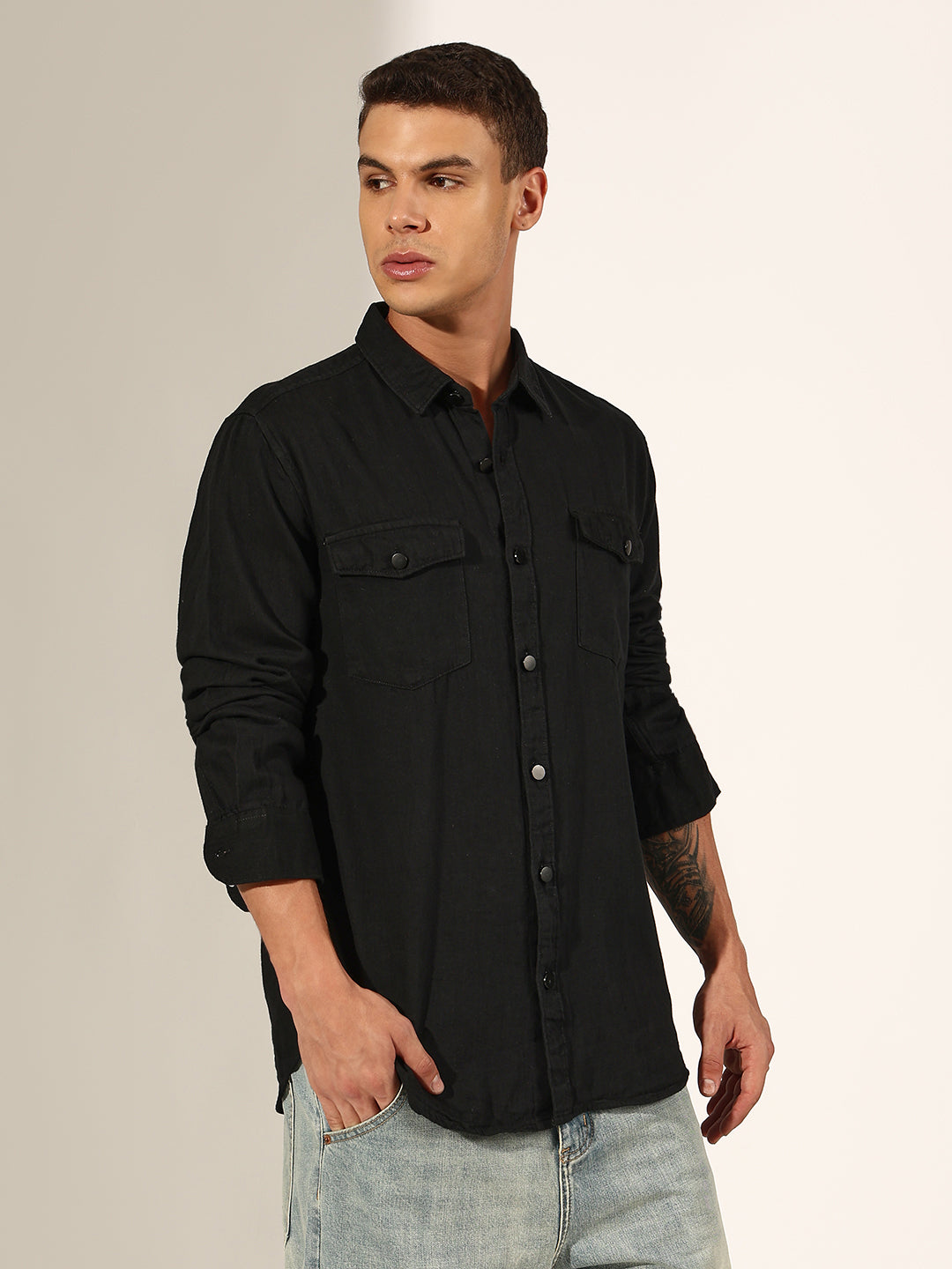 Men's Black Button Down Shirt with Chest Pockets