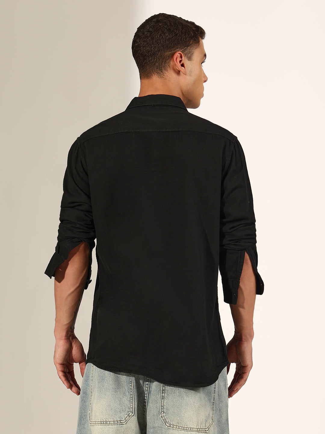 Men's Black Button Down Shirt with Chest Pockets