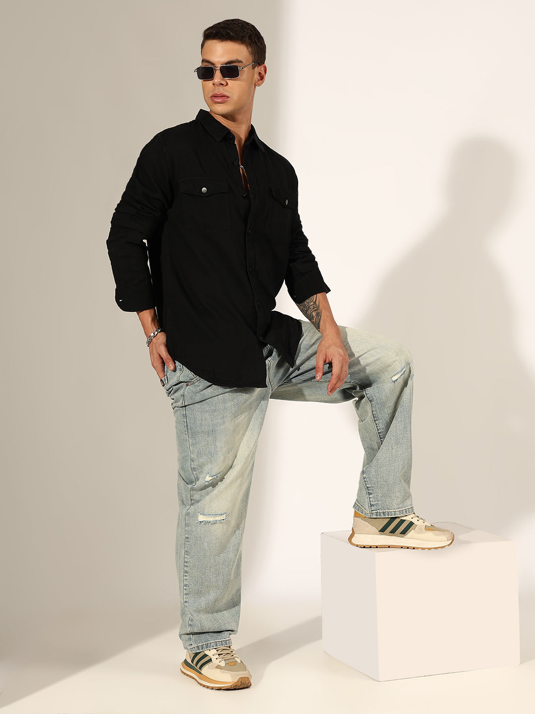 Men's Black Button Down Shirt with Chest Pockets