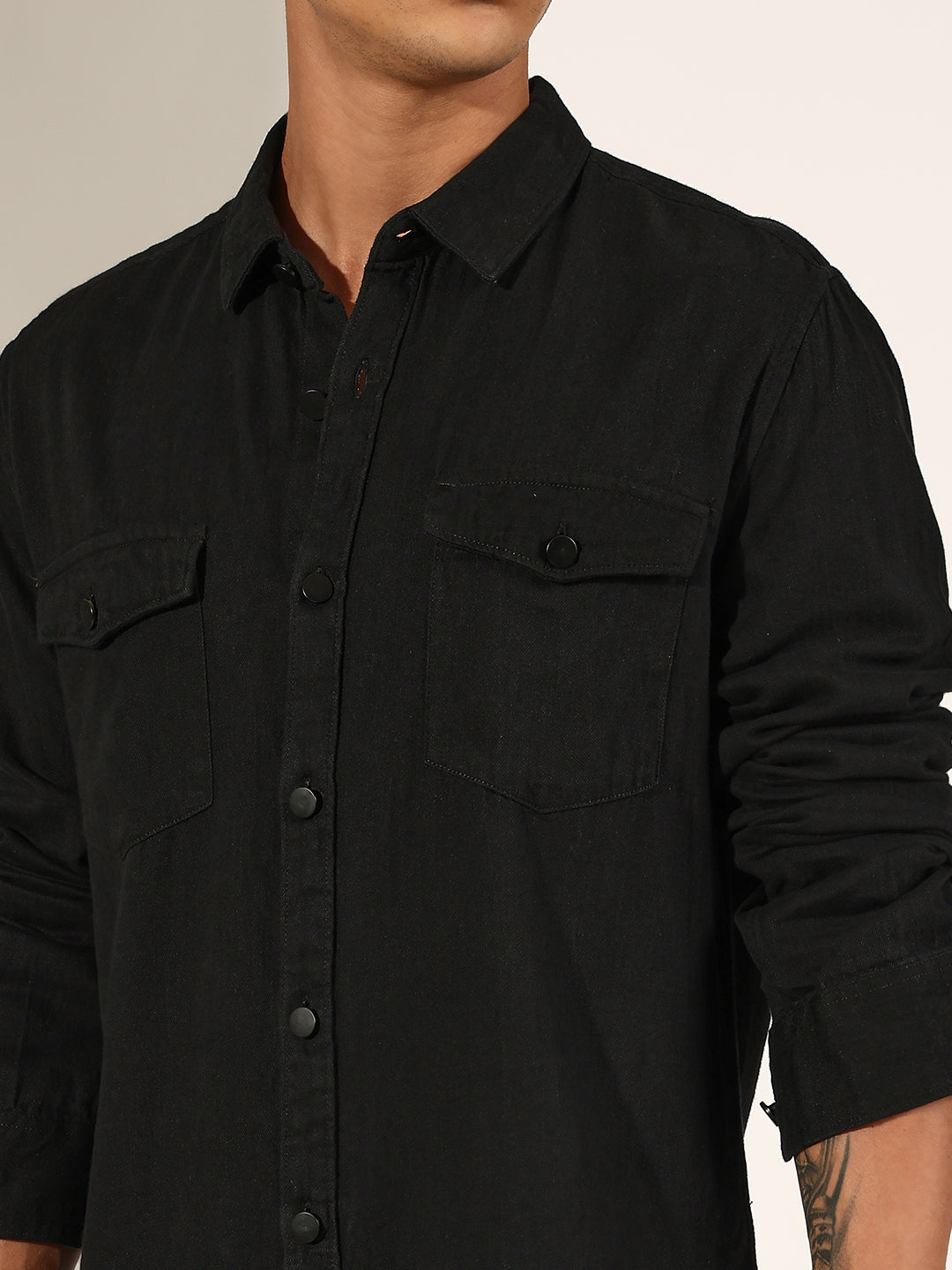 Men's Black Button Down Shirt with Chest Pockets