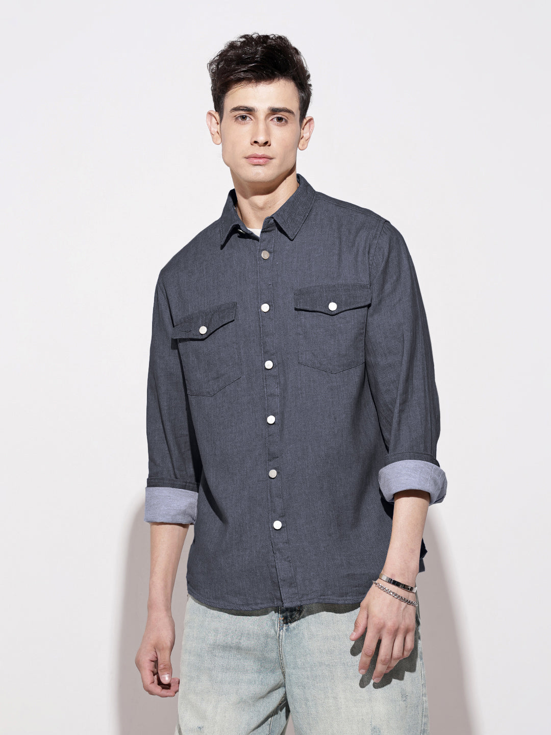 Men's Navy Blue Denim Button Down Shirt with Chest Pocket