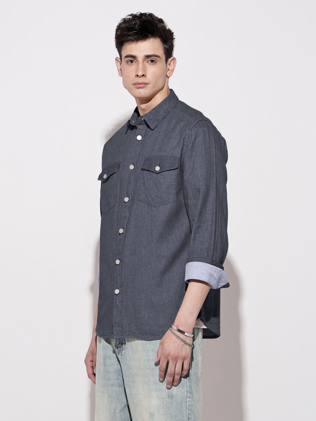 Men's Navy Blue Denim Button Down Shirt with Chest Pocket
