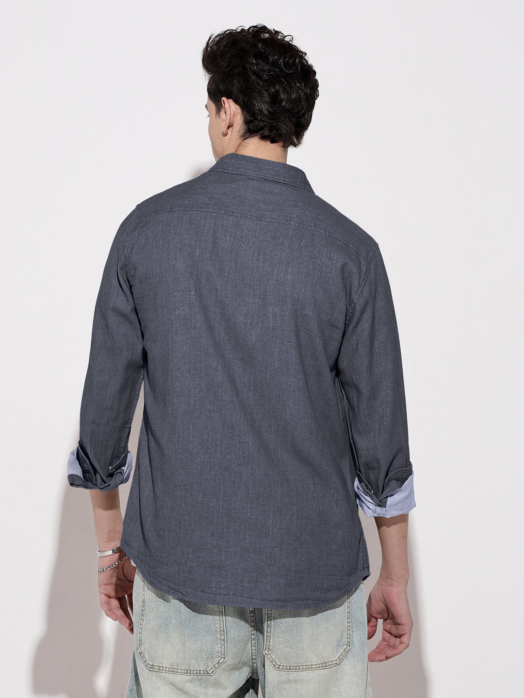 Men's Navy Blue Denim Button Down Shirt with Chest Pocket