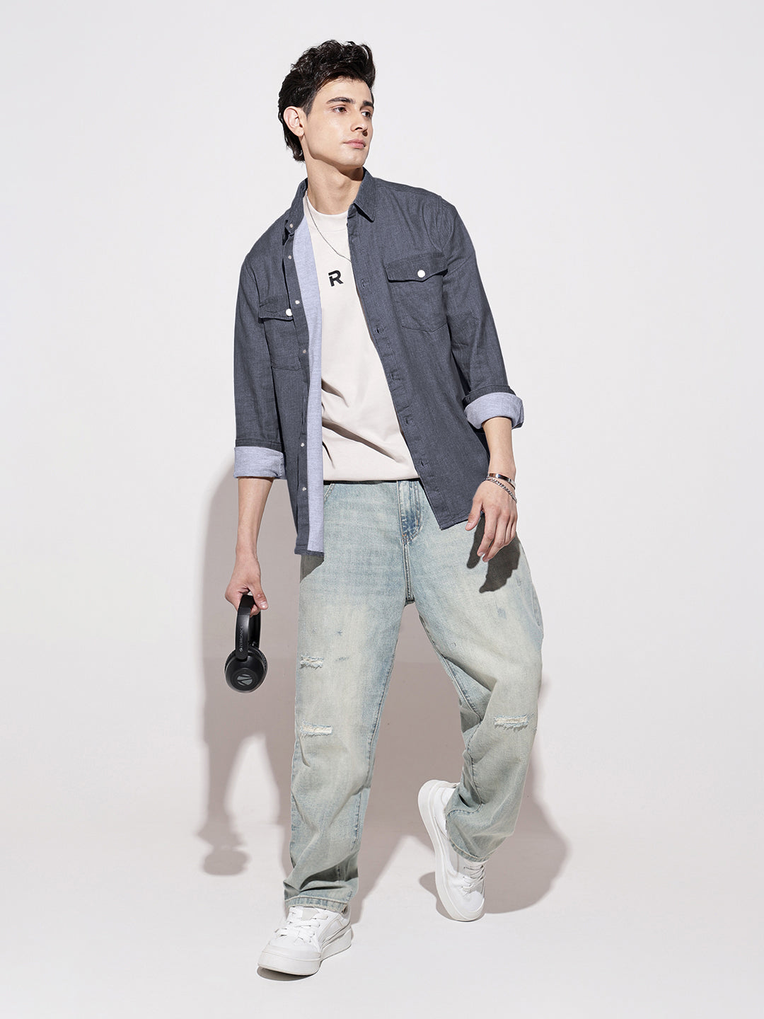 Men's Navy Blue Denim Button Down Shirt with Chest Pocket